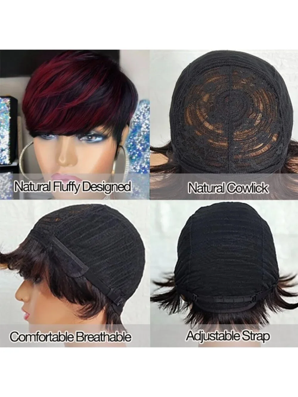180% Density Burgundy Highlight Pixie Cut Wig - Glueless Human Hair for Daily